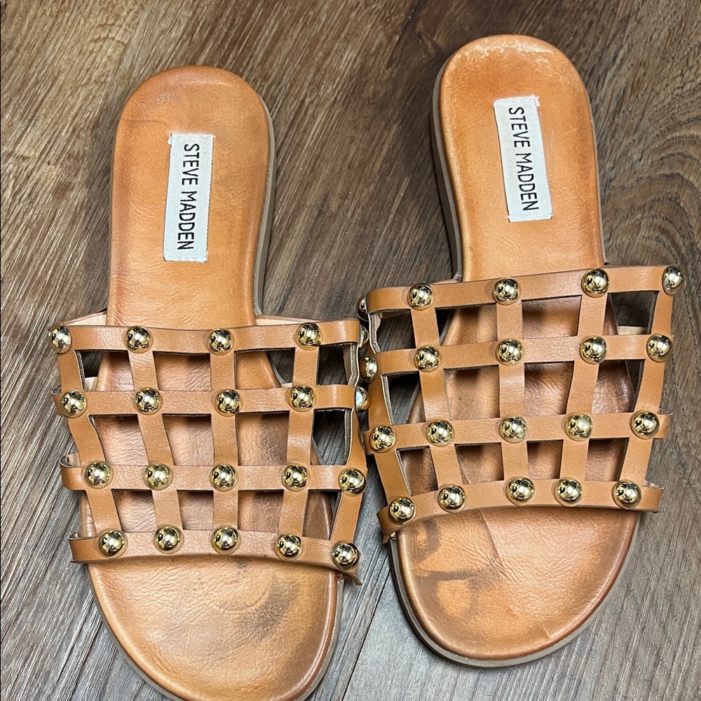 Steve Madden Tan Woven Slide Sandals with Gold Studs